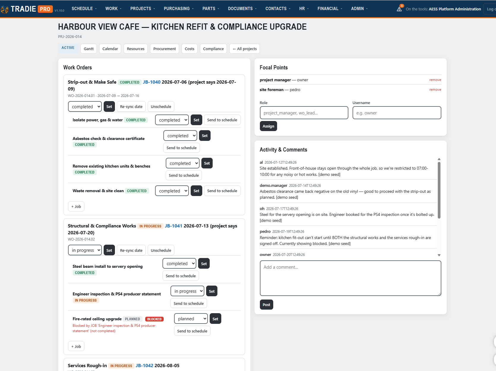 TradiePro project management screen showing work orders and activity tracking